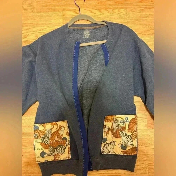 Long Sleeve Blue Patchwork Kitten Pockets Cardigan Sweater Size‎ Medium - Picture 1 of 7